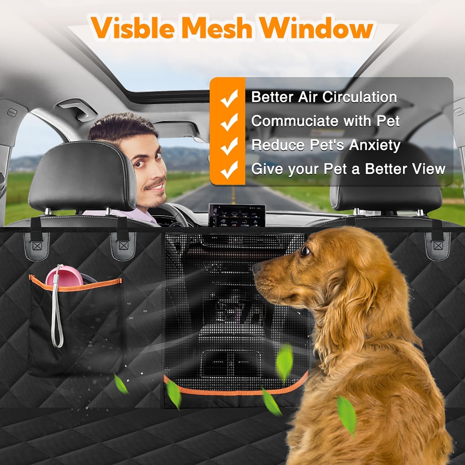 Premium Waterproof Dog Car Seat Cover for Back Seat - Hammock Style with Side Flaps, Zippered Mesh Window, 600D Oxford Fabric, Anti-Scratch Non-Slip Backseat Protector, Includes Dog Seat Belt