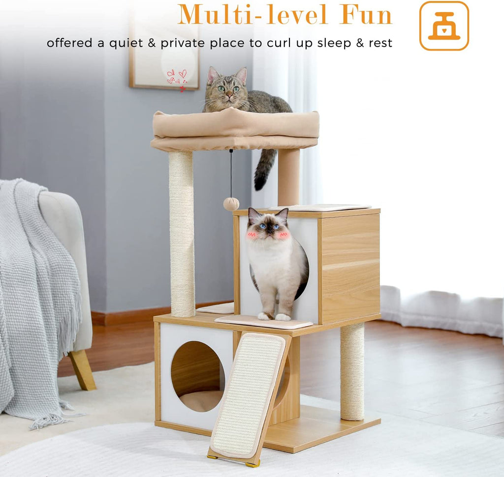 35-Inch Contemporary Cat Tower with Dual Condos, Sturdy Wooden Construction, Large Scratching Ramp, and Sisal Posts for Indoor Cats