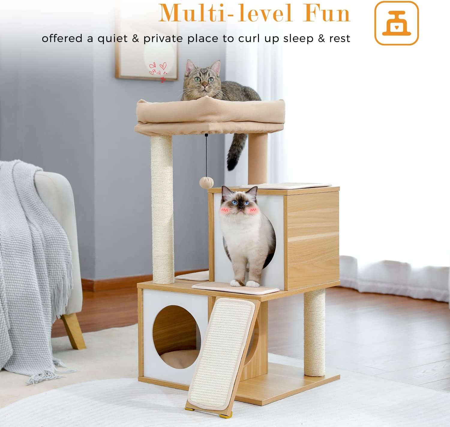 35-Inch Contemporary Cat Tower with Dual Condos, Sturdy Wooden Construction, Large Scratching Ramp, and Sisal Posts for Indoor Cats