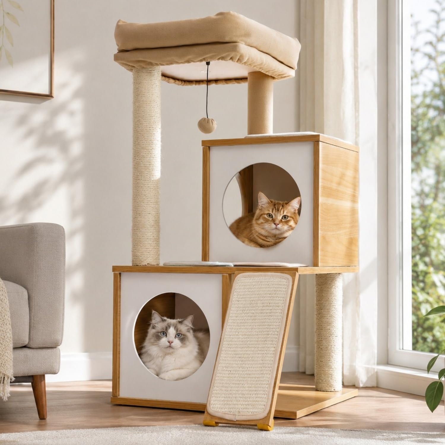 35-Inch Contemporary Cat Tower with Dual Condos, Sturdy Wooden Construction, Large Scratching Ramp, and Sisal Posts for Indoor Cats