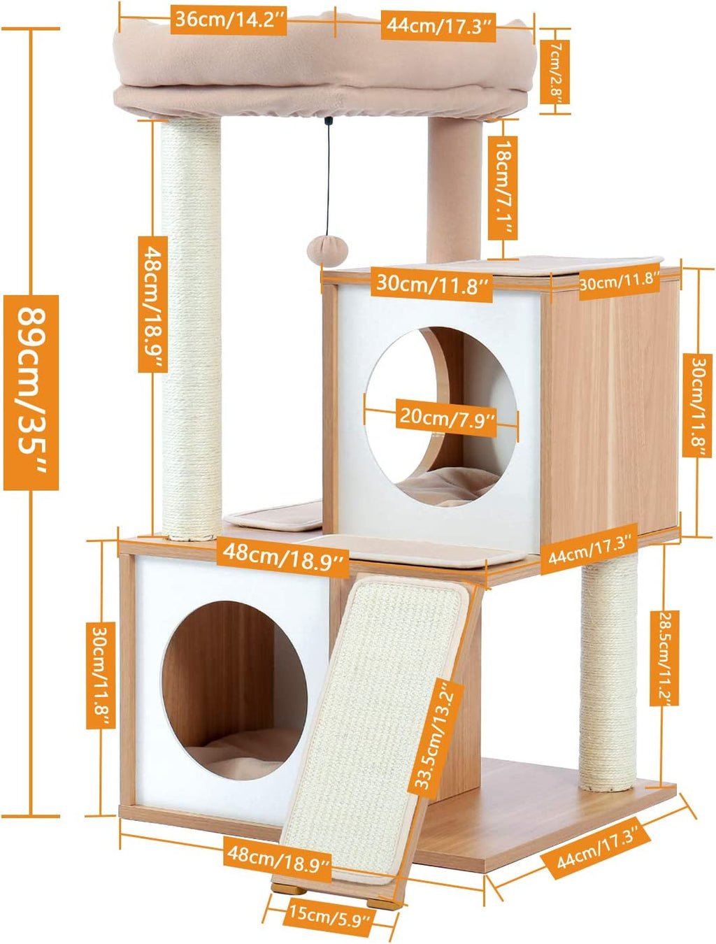 35-Inch Contemporary Cat Tower with Dual Condos, Sturdy Wooden Construction, Large Scratching Ramp, and Sisal Posts for Indoor Cats