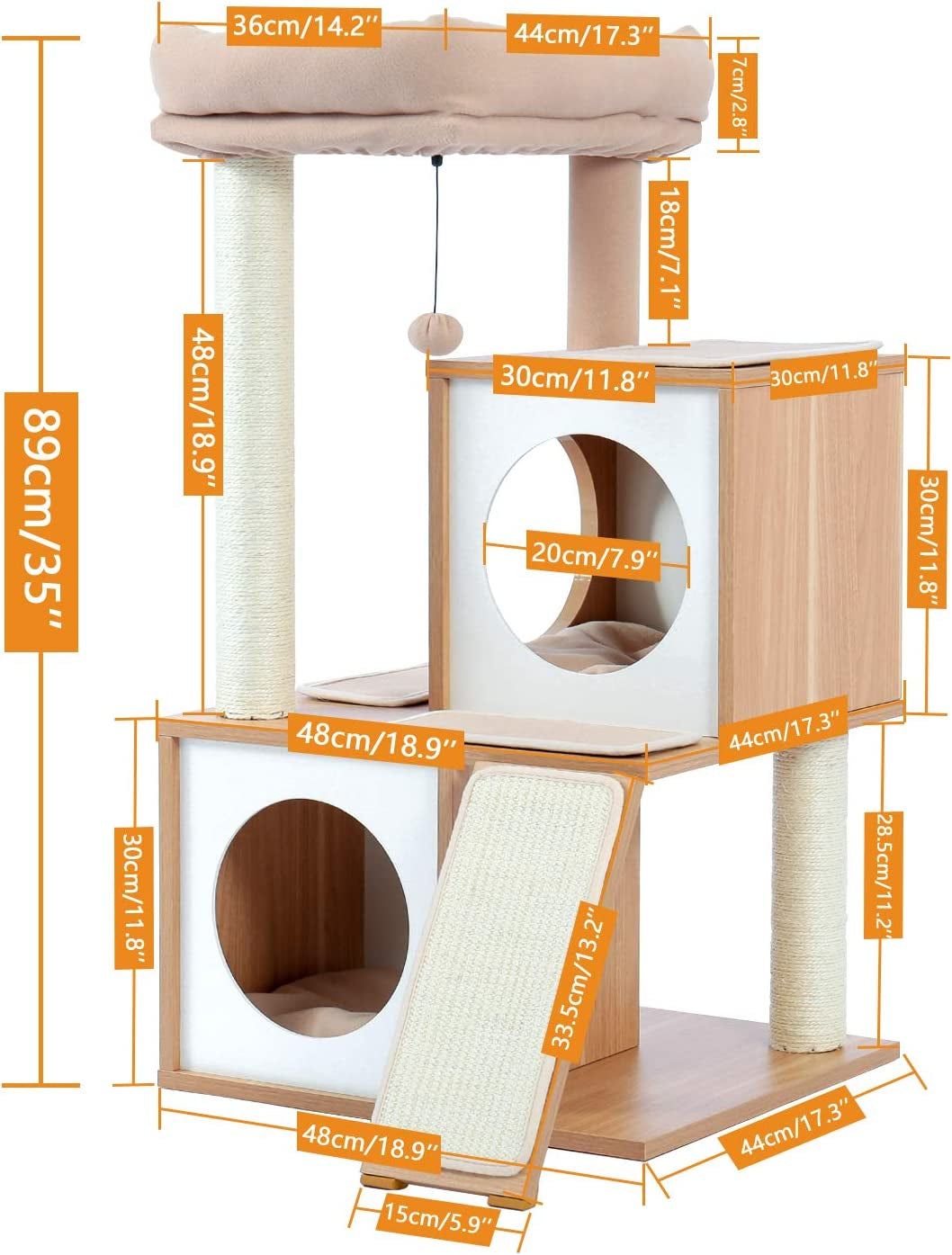 35-Inch Contemporary Cat Tower with Dual Condos, Sturdy Wooden Construction, Large Scratching Ramp, and Sisal Posts for Indoor Cats