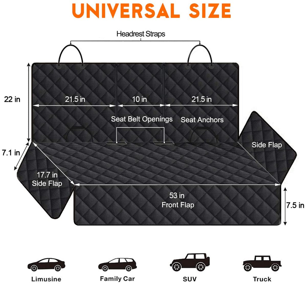 Premium Waterproof Dog Car Seat Cover - Durable Back Seat Protector for Vehicles (53” Width, Fits Middle Armrest) - Black