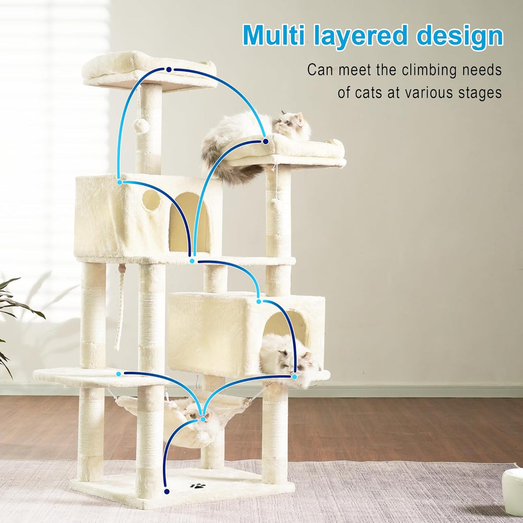 Multi-Level Cat Tree Tower with Sisal Scratching Posts, Plush Condos, and Hammock - 53.7 Inches, Beige