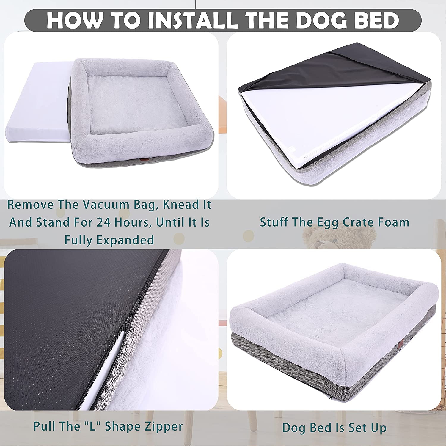 Extra Large Orthopedic Dog Bed with Bolster Sides, Removable Washable Cover, Non-Skid Bottom, and Egg Foam Cushion for Comfortable Sleeping - 46 x 30 Inch, Gray
