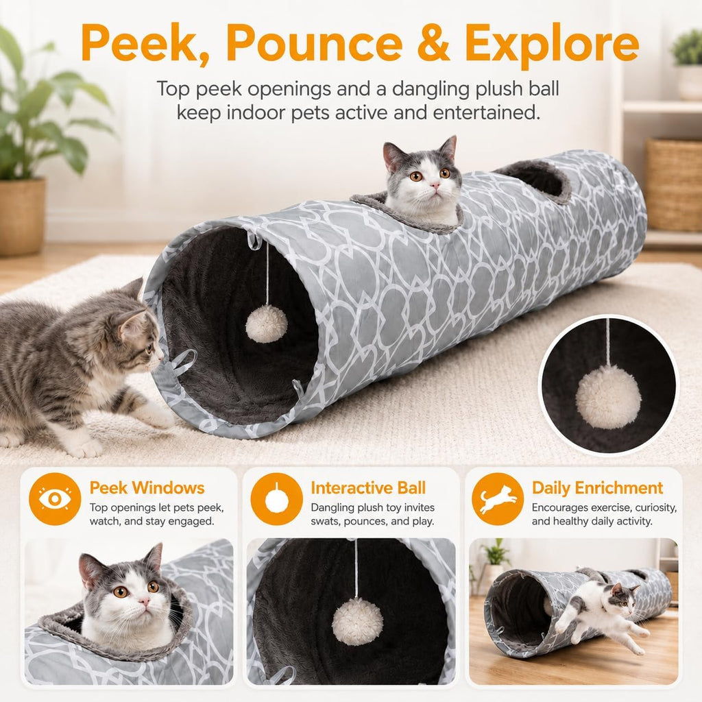 Geometric Collapsible Cat Tunnel with Plush Interior and Interactive Balls, Suitable for Cats, Kittens, Rabbits, Ferrets, and Puppies, Diameter 9.8 Inches