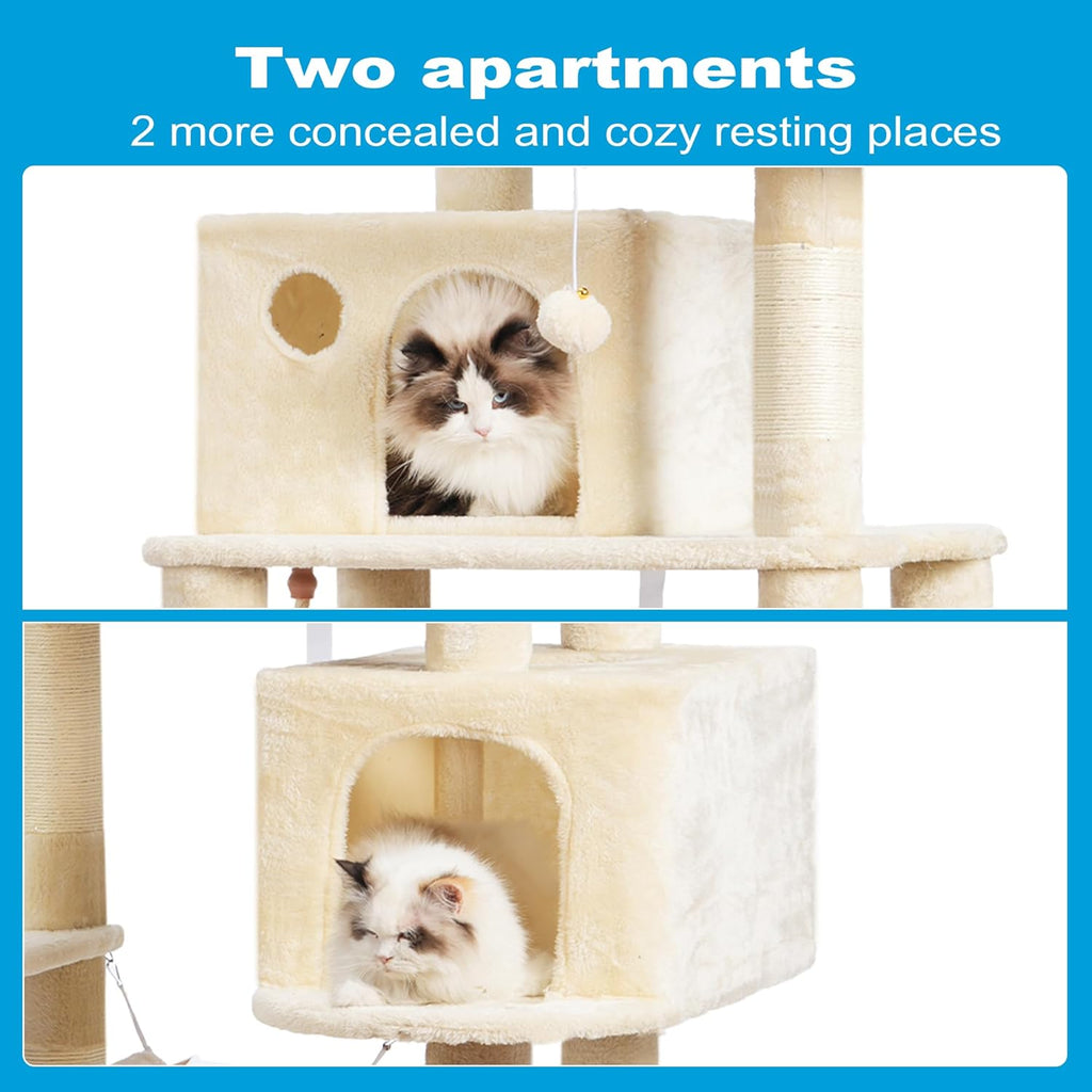 Multi-Level Cat Tree Tower with Sisal Scratching Posts, Plush Condos, and Hammock - 53.7 Inches, Beige
