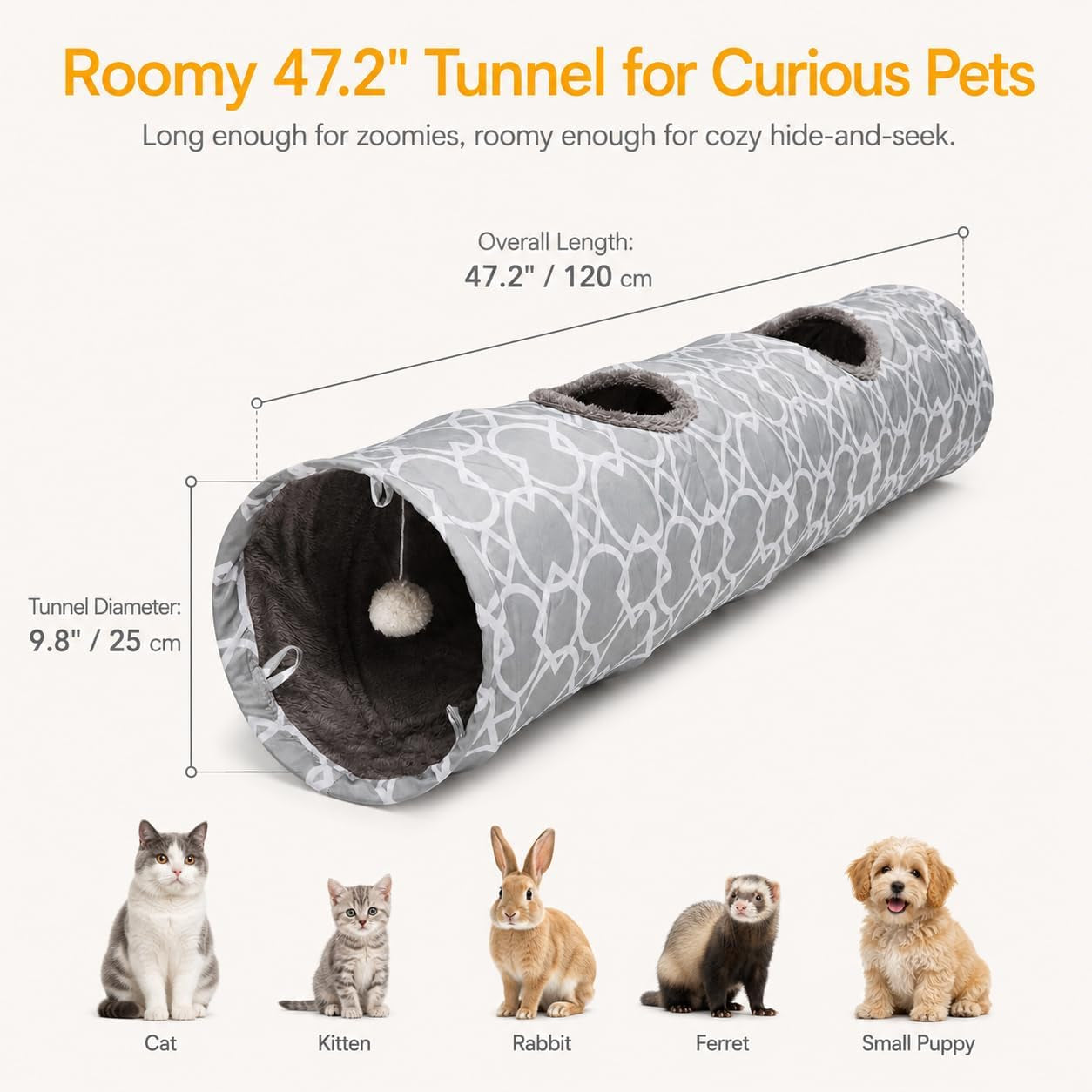 Geometric Collapsible Cat Tunnel with Plush Interior and Interactive Balls, Suitable for Cats, Kittens, Rabbits, Ferrets, and Puppies, Diameter 9.8 Inches