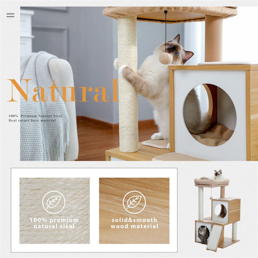 35-Inch Contemporary Cat Tower with Dual Condos, Sturdy Wooden Construction, Large Scratching Ramp, and Sisal Posts for Indoor Cats