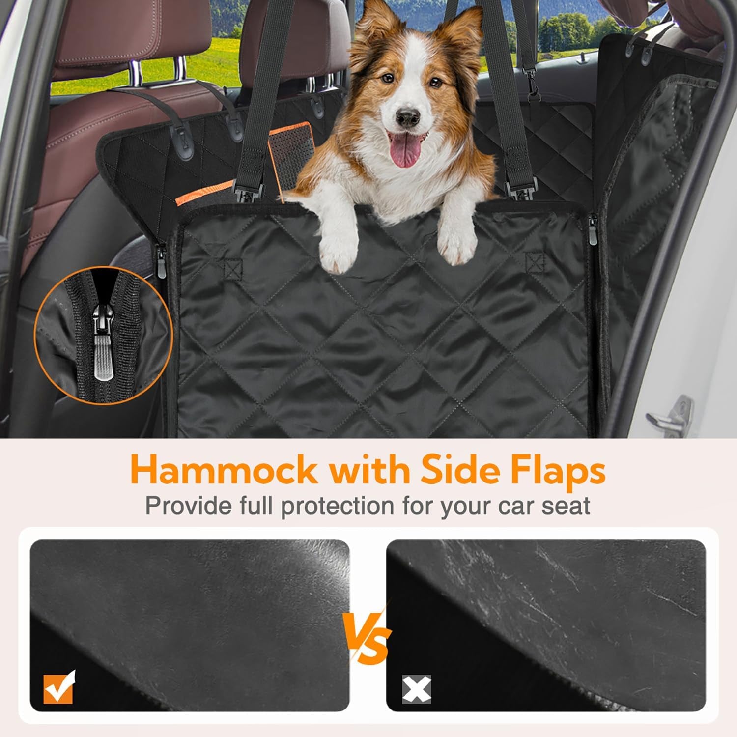 Premium Waterproof Dog Car Seat Cover for Back Seat - Hammock Style with Side Flaps, Zippered Mesh Window, 600D Oxford Fabric, Anti-Scratch Non-Slip Backseat Protector, Includes Dog Seat Belt
