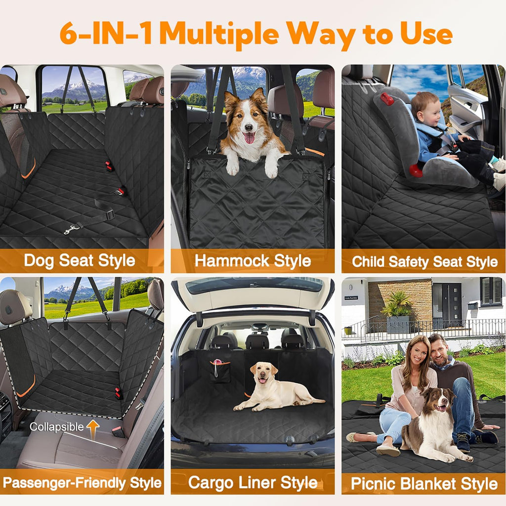 Premium Waterproof Dog Car Seat Cover for Back Seat - Hammock Style with Side Flaps, Zippered Mesh Window, 600D Oxford Fabric, Anti-Scratch Non-Slip Backseat Protector, Includes Dog Seat Belt