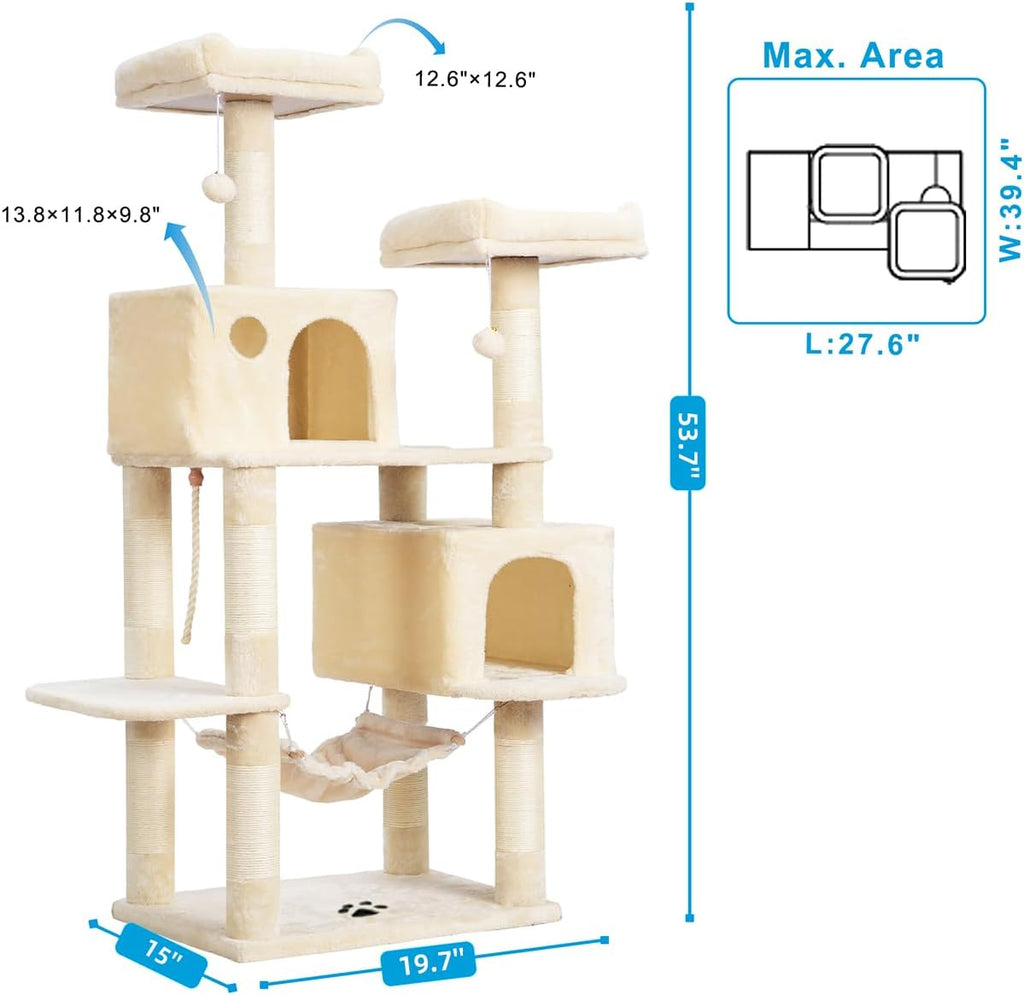 Multi-Level Cat Tree Tower with Sisal Scratching Posts, Plush Condos, and Hammock - 53.7 Inches, Beige
