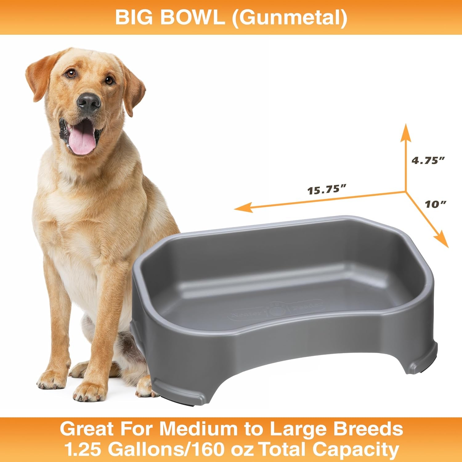 Extra Large Outdoor Dog Water Bowl - 1.25 Gallon Capacity, Spill-Resistant Trough Style Dish for Indoor and Outdoor Use, Gunmetal Grey