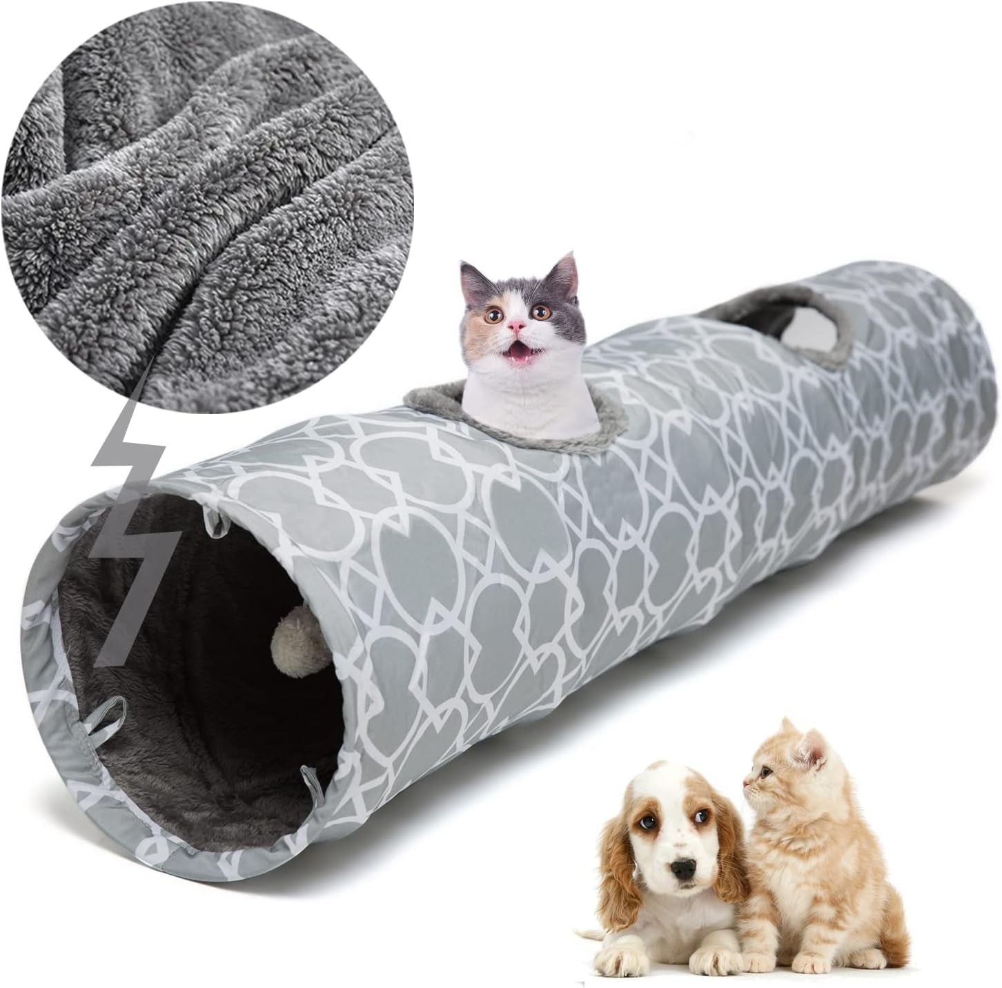 Geometric Collapsible Cat Tunnel with Plush Interior and Interactive Balls, Suitable for Cats, Kittens, Rabbits, Ferrets, and Puppies, Diameter 9.8 Inches