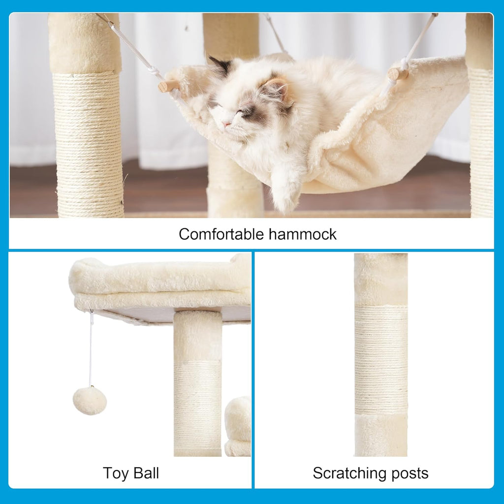Multi-Level Cat Tree Tower with Sisal Scratching Posts, Plush Condos, and Hammock - 53.7 Inches, Beige