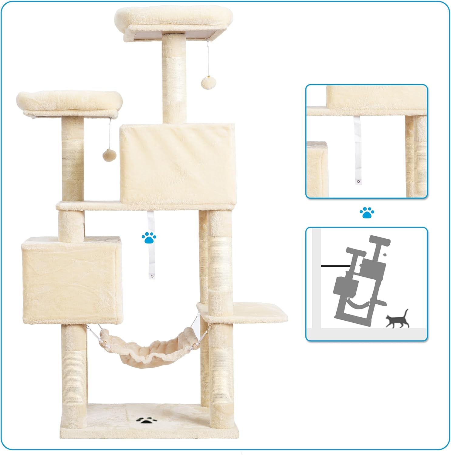 Multi-Level Cat Tree Tower with Sisal Scratching Posts, Plush Condos, and Hammock - 53.7 Inches, Beige