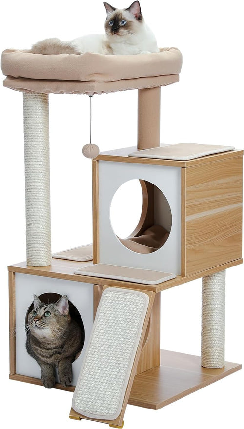 35-Inch Contemporary Cat Tower with Dual Condos, Sturdy Wooden Construction, Large Scratching Ramp, and Sisal Posts for Indoor Cats