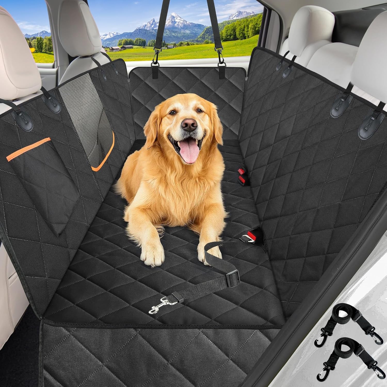 Premium Waterproof Dog Car Seat Cover for Back Seat - Hammock Style with Side Flaps, Zippered Mesh Window, 600D Oxford Fabric, Anti-Scratch Non-Slip Backseat Protector, Includes Dog Seat Belt