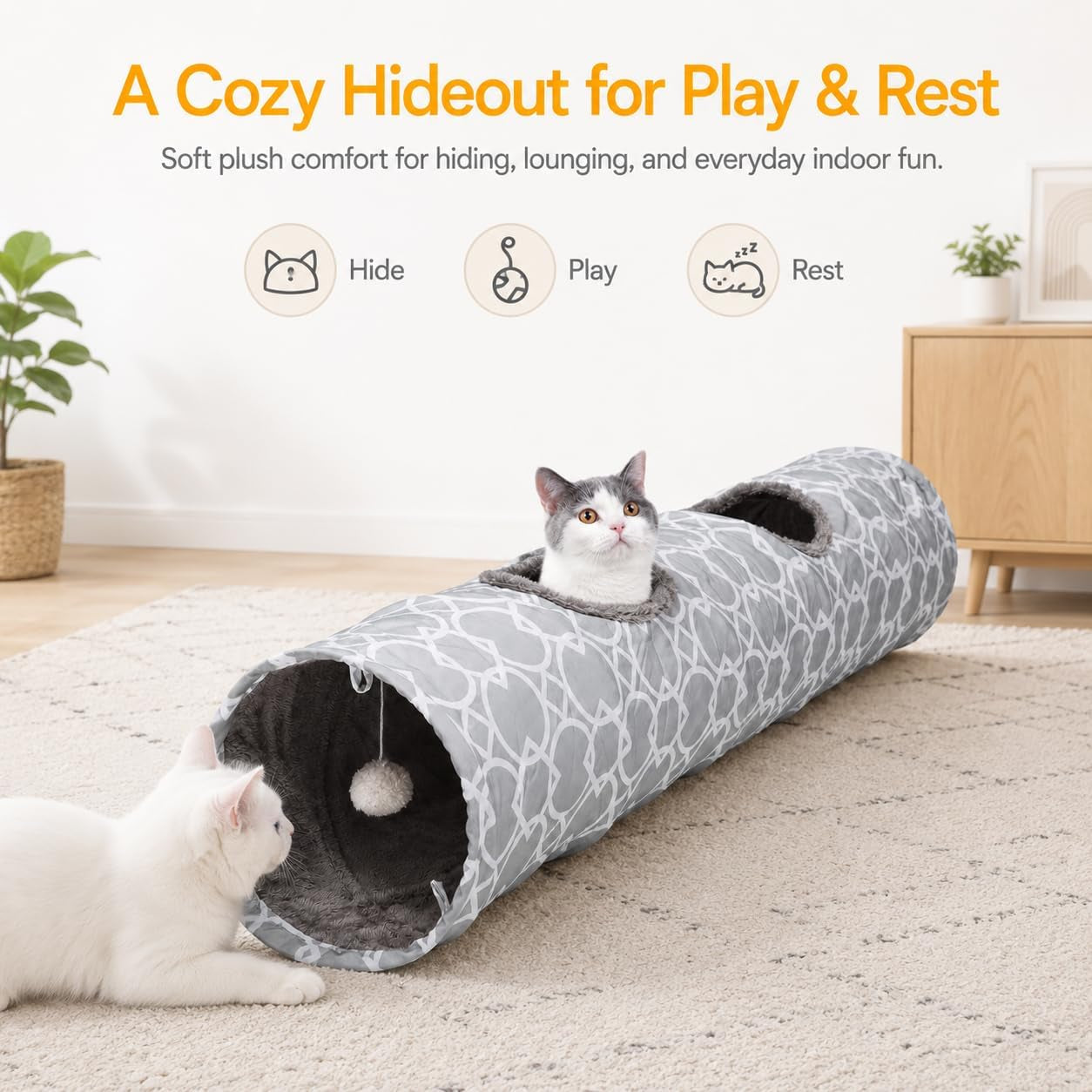 Geometric Collapsible Cat Tunnel with Plush Interior and Interactive Balls, Suitable for Cats, Kittens, Rabbits, Ferrets, and Puppies, Diameter 9.8 Inches