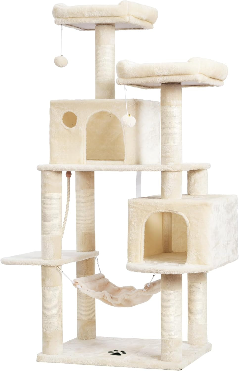 Multi-Level Cat Tree Tower with Sisal Scratching Posts, Plush Condos, and Hammock - 53.7 Inches, Beige