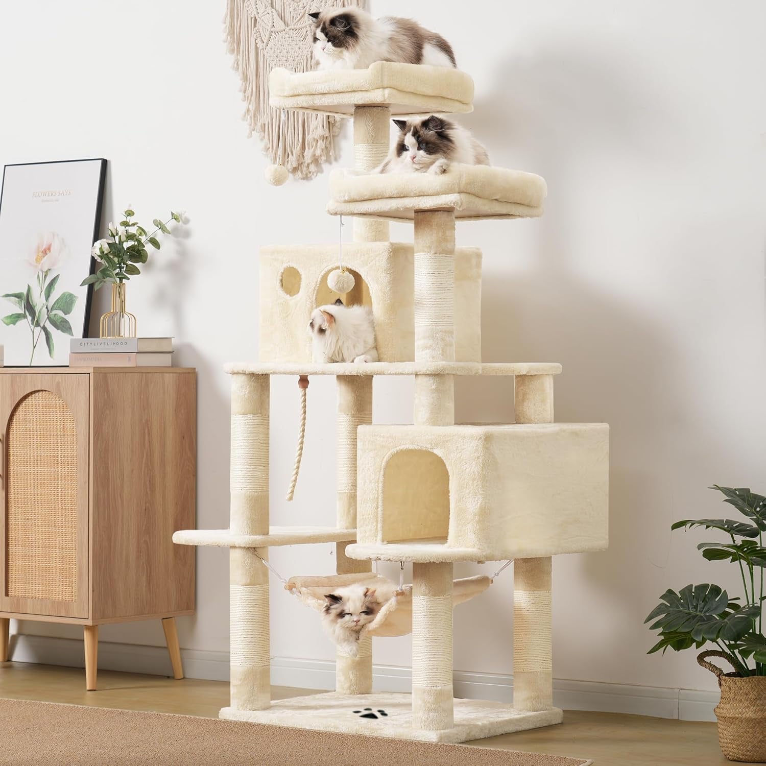 Multi-Level Cat Tree Tower with Sisal Scratching Posts, Plush Condos, and Hammock - 53.7 Inches, Beige