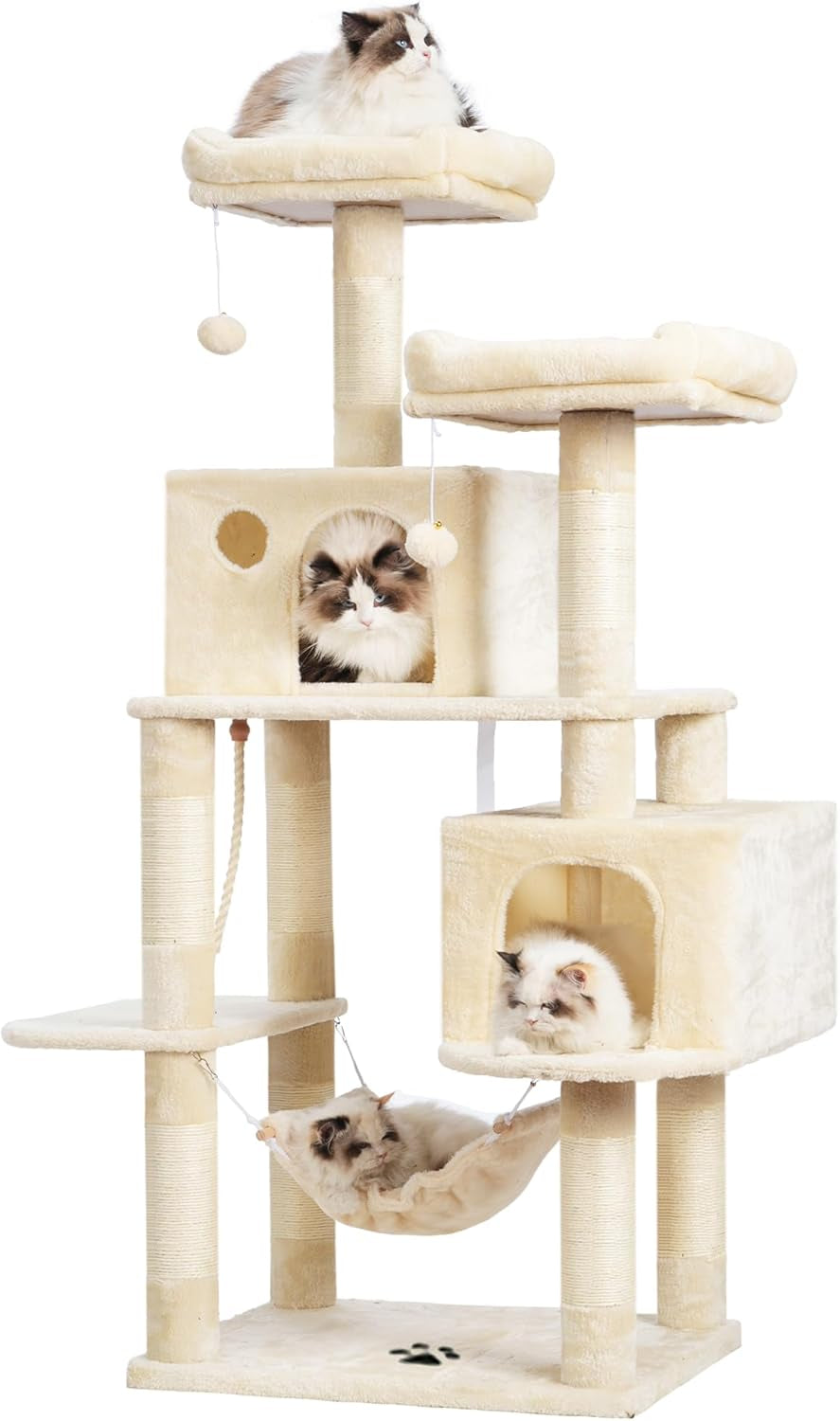 Multi-Level Cat Tree Tower with Sisal Scratching Posts, Plush Condos, and Hammock - 53.7 Inches, Beige