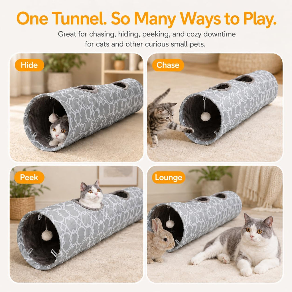 Geometric Collapsible Cat Tunnel with Plush Interior and Interactive Balls, Suitable for Cats, Kittens, Rabbits, Ferrets, and Puppies, Diameter 9.8 Inches